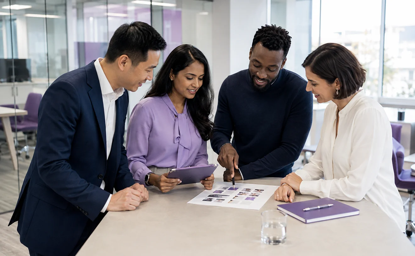Three colleagues reviewing work together at a laptop in a glass-walled office