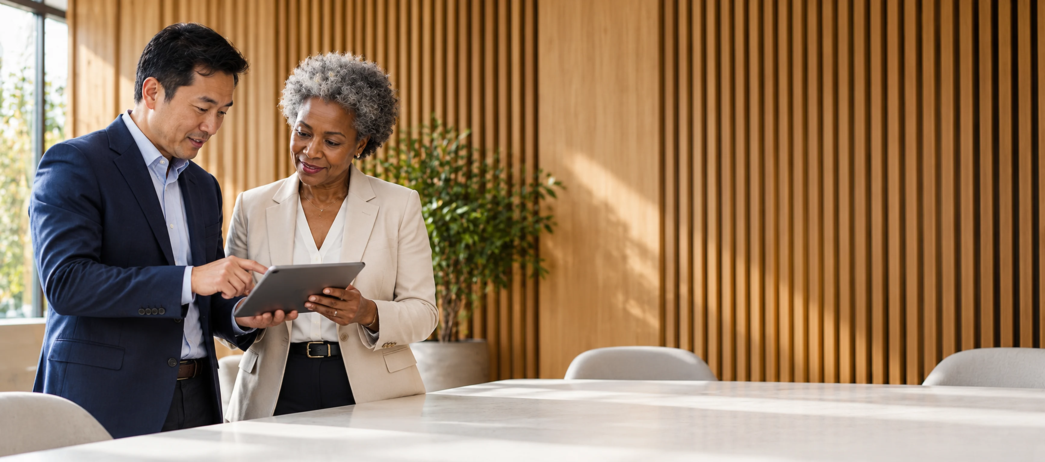Two colleagues talking through a control review across a meeting table