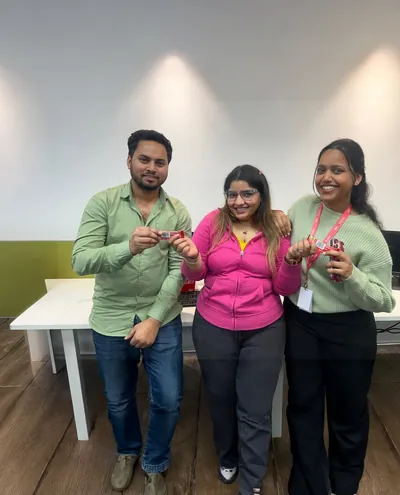 Colleagues gathered for a team photograph at an Anaptyss office event