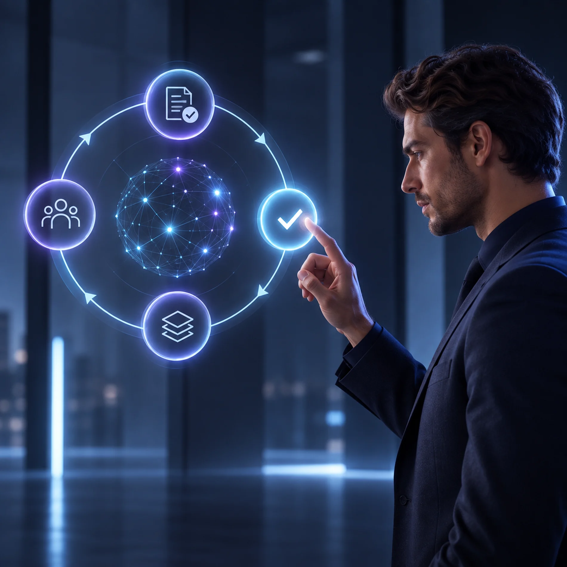 A specialist reaching into a lit ring of data