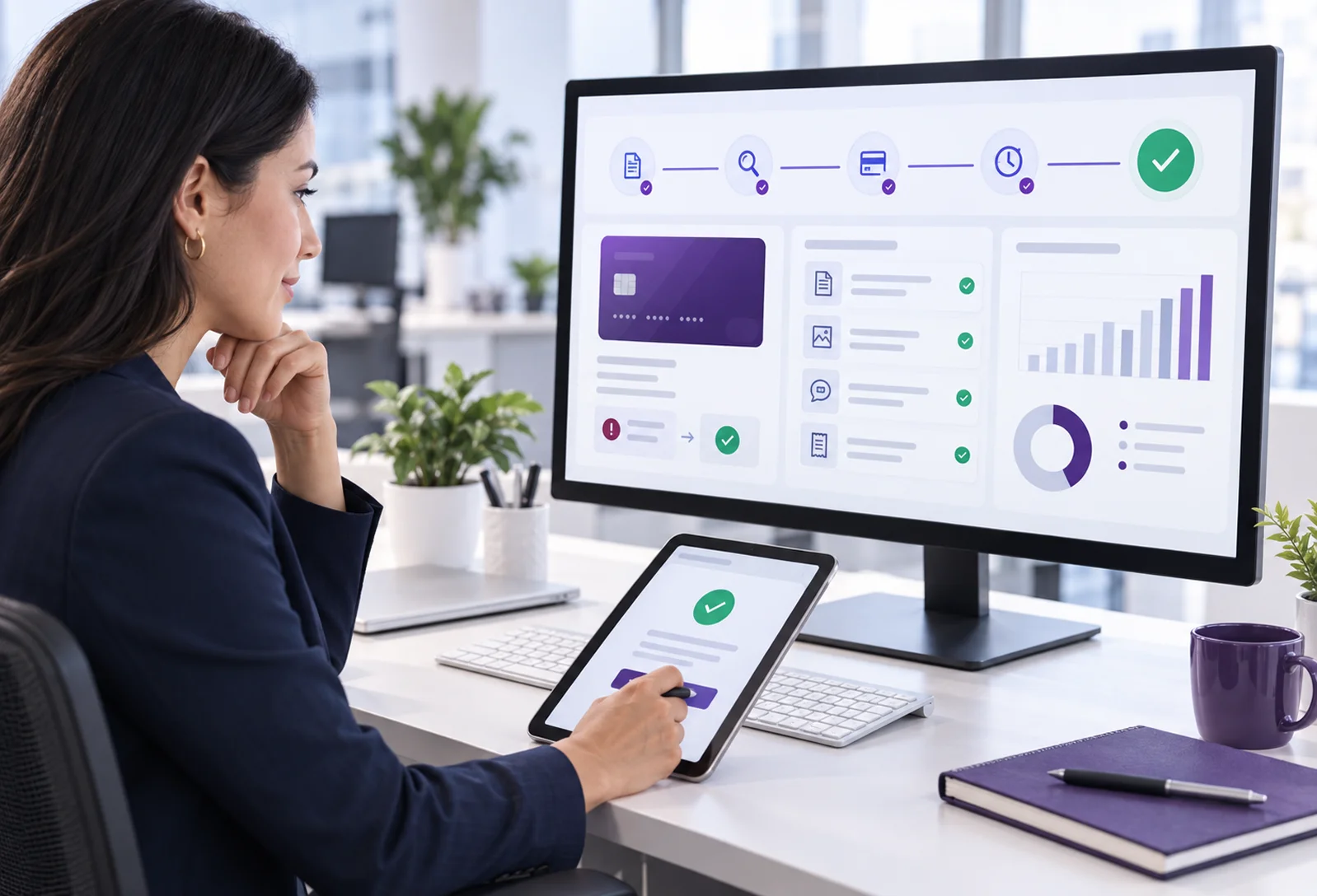 A dispute analyst reviewing a case on screen